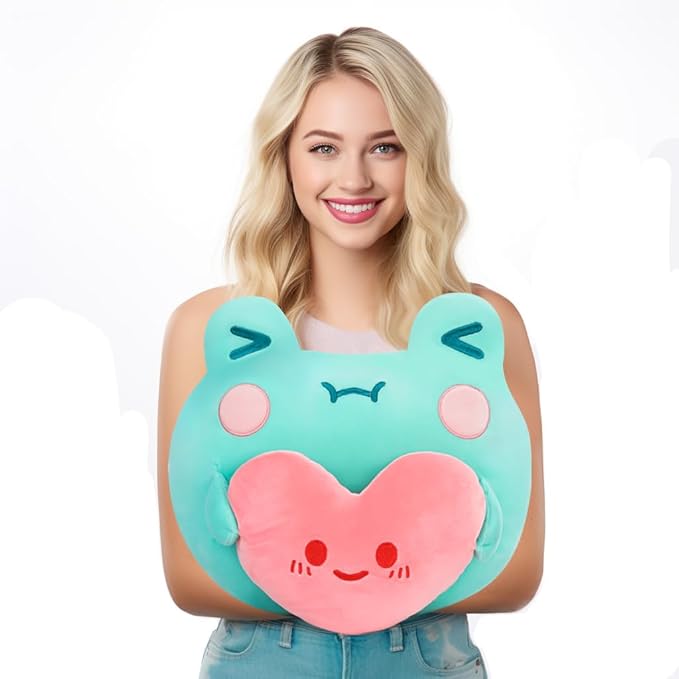 Large Frog Plush Pillow Stuffed Animal Toy,Big Size Cute Soft 12" Fat Kawaii Hugging Cuddle Huggable Plushie,Gift for Kids (Heart Frog)
