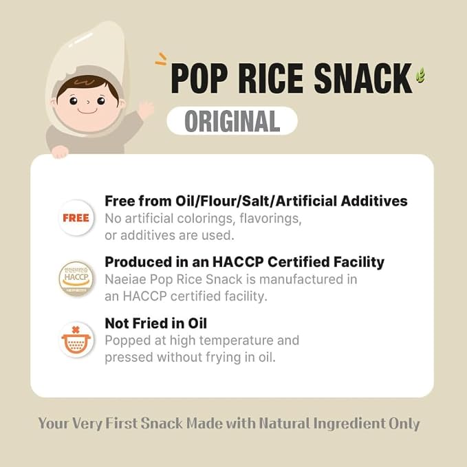 Naeiae Pop Rice Baby Snack, 100% Korean Rice, Air-Popped, 6M+ (Pack of 5) | Organic Rice Puffs for Babies & Toddlers 6+ Months | Oil/Sugar-Free, Just Rice | Clean Ingredients | Teether Cracker Food
