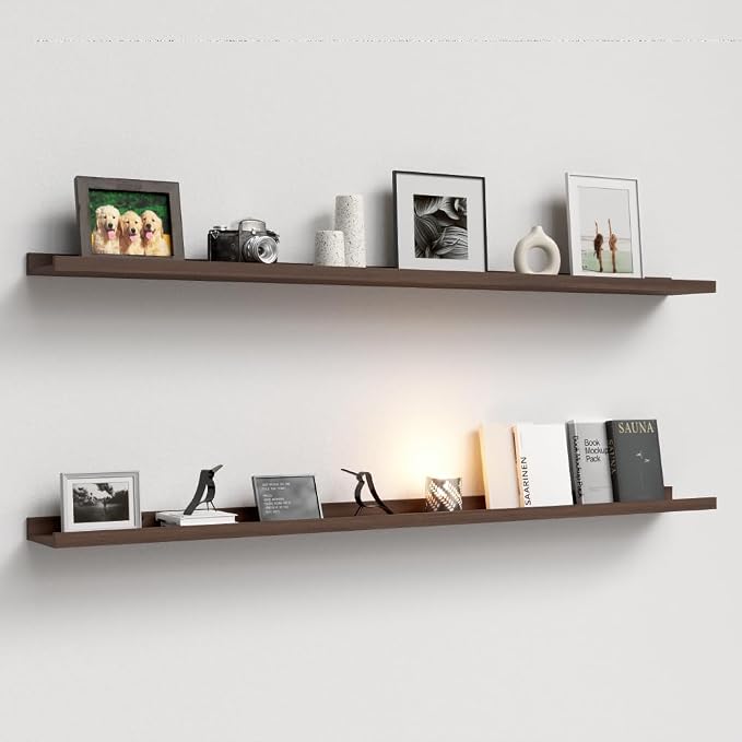 Boswillon Floating Shelves Set of 2, Long Wall Shelf with Lip, 56in, Walnut | Display Ledge Shelf for Room Wall, Wall Decor Shelves for Bathroom, Living Room, Bedroom, Kitchen, Nursery Room, Rustic, Wood
