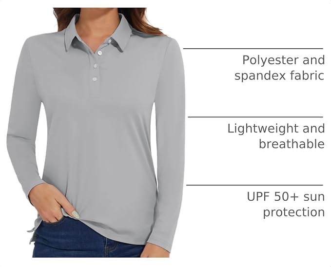 MAGCOMSEN Long Sleeve Polo Shirts for Women Golf Tops with Collar Work | UPF 50+ Sun Protection, 4 Buttons, Moisture Wicking, Breathable, 4-Way Stretch, Collared, Quick Dry, Active, Casual, Tennis
