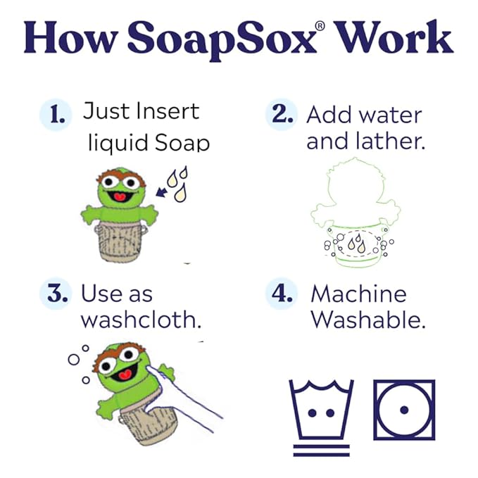SoapSox Kids Exfoliating Bath Scrub (Oscar The Grouch Sesame Street) - Soft Animal Toy Wash Cloth Sponge with Soap Pocket Insert - Fun Loofah Characters for Babies, Kids and Children