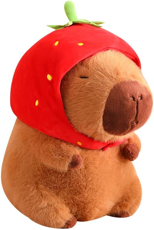 Cute Capybara Stuffed Animal with Wearable Toast Headset, Gifts for Kids (9 Inches, Strawberry Capybara)