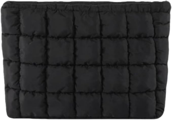 Soft Checkered Quilted Puffy Makeup Bag for Women, Aesthetic Puffer Cosmetic Bag Pouch for Purse (Black)
