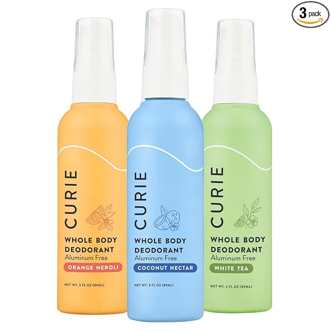 Curie Whole Body Deodorant - OG Spray Variety Pack - Aluminum Free, Natural, Paraben Free, Cruelty Free, Vegan - Coconut Nectar, Orange Neroli, and White Tea (3pk)