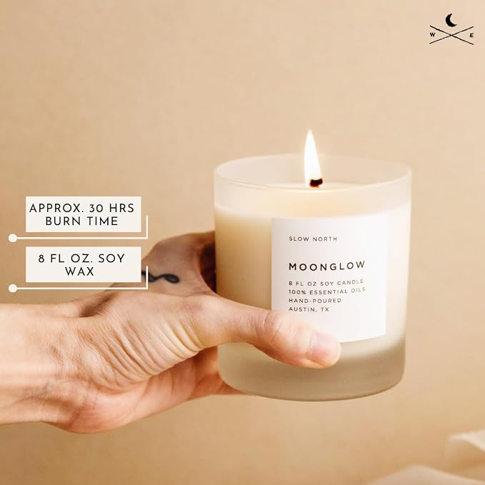 Slow North Moonglow Candle - Essential Oils and Pure Soy Wax Candle in a Reusable Frosted Glass Jar - A Unique and Mindful Scented Candle Hand-Poured in the USA (8 oz)