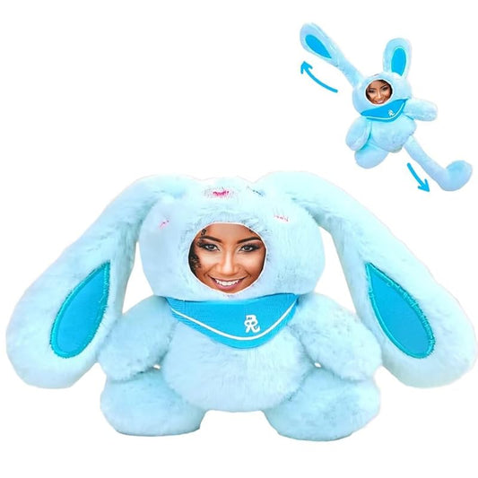 Personalized Easter Bunny Stuffed Animal Key Chain – Customizable Blue Rabbit Plush Toy, a stretchable rabbit (5-10 inches), Gift with Your Child's Face Photo!