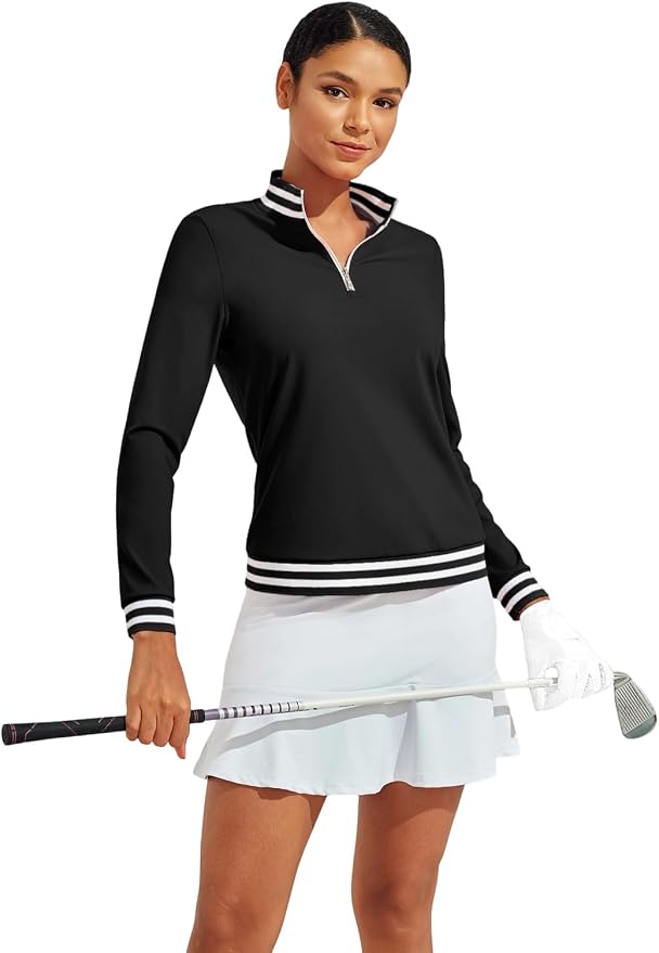 ACEGOLFS Womens Golf Polo Shirts Solid Long Sleeve Quarter Zip Pullover Shirt for Women UPF 50+ Rash Guard Ladies Workout Top