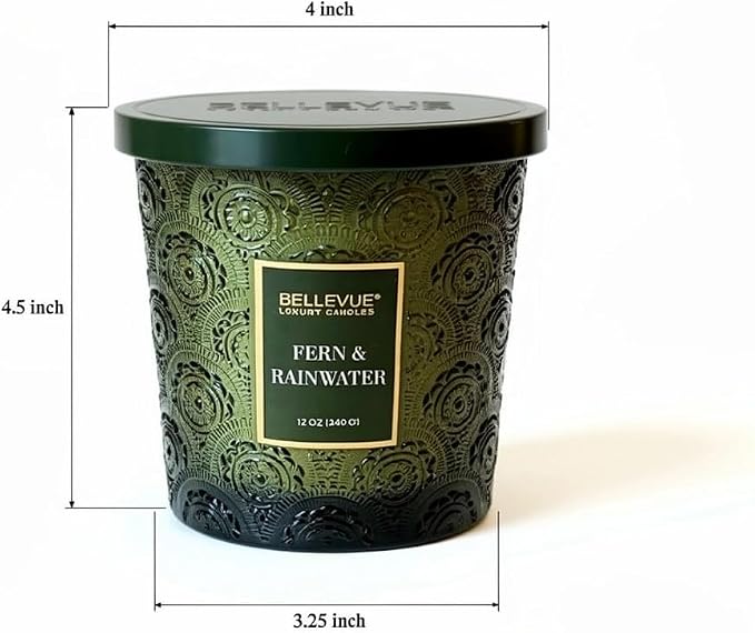 Bellevue Luxury Candles, 12 OZ Soy Blend Candle, Embossed Glass, Fragrances formulated with Essential Oils, Home Fragrances, Scented Candles Gift Set ǀ Scent: Fern & RAINWATER