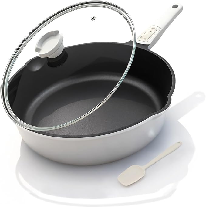 10 Inch Deep Frying Pan Skillet with Lid, Saute Pan Nonstick,White | 4 QT Cooking Pan with Detachable Handle, Suitable for All Stoves Including induction, Oven Safe, Non-Toxic PFOA Free