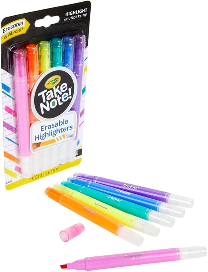 Crayola Take Note Erasable Highlighters (6ct), Assorted No Bleed Highlighters, Chisel Tip Marker Set, For Organizing & Coloring, Gifts