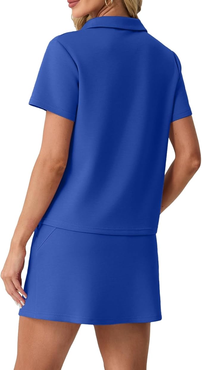 GRECERELLE Women's Summer 2 Piece Skort Set Half Zip Short Sleeve Top & Pocketed Tennis Skirt For Sports & Vacations.