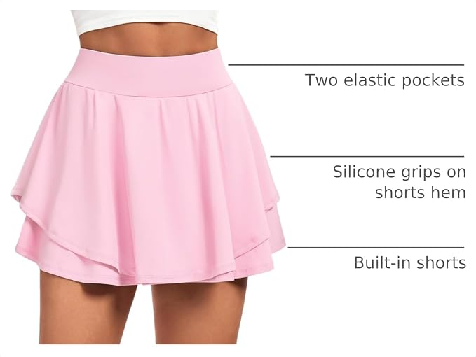 IUGA Tennis Skirt Pleated Skorts for Women with Pockets Skirts for Women | Double Ruffle Skort , Built-In Shorts, 2 Pockets, Tummy Control Breathable, Quick-dry, for Golf, Athletic, Running, Workout