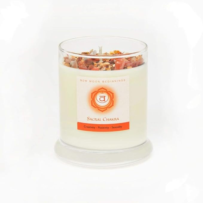 Sacral Chakra Candle by New Moon Beginnings - Chakra Candles - Dried Flower, Herb, & Crystal Candles - Aromatherapy Candles - Soy Candle - 12oz Glass Jar