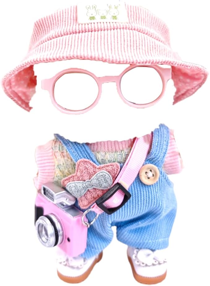 5 Set 17cm Doll Clothes -Clothes for Dolls Outfit - Accessories for 17cm Dolls Clothes +Light Pink Heart-Shaped Velvet hat + Small Camera + Glasses + Canvas Shoes, No Doll Included (Style K)