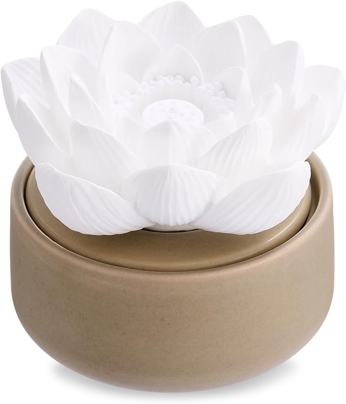 Honeydak 1 Pcs Ceramic Essential Oil Diffuser, Non Electric Reedless Passive Porcelain Flower Aromatherapy Diffuser, Decorative Floral Design Tabletop Office Home Bathroom Decor (Lotus)