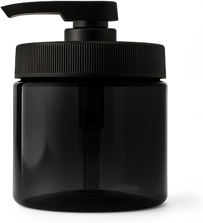 Royal Massage 16oz Refillable Pump Jar with Locking Dip Tube Dispenser – BPA-Free Plastic Container for Massage Oils, Lotions, Creams – Ribbed Lid Wide-Mouth Jar – Durable & Reusable (Black/Black, 12)