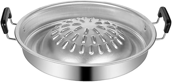 BESPORTBLE Thai Korean Bbq Grill Pan, Stainless Steel Barbecue Grill Tray Camping Bbq Pan Smokeless Roasting Pan Cooking Meat Vegetable Stovetop Plate for Outdoor 30cm