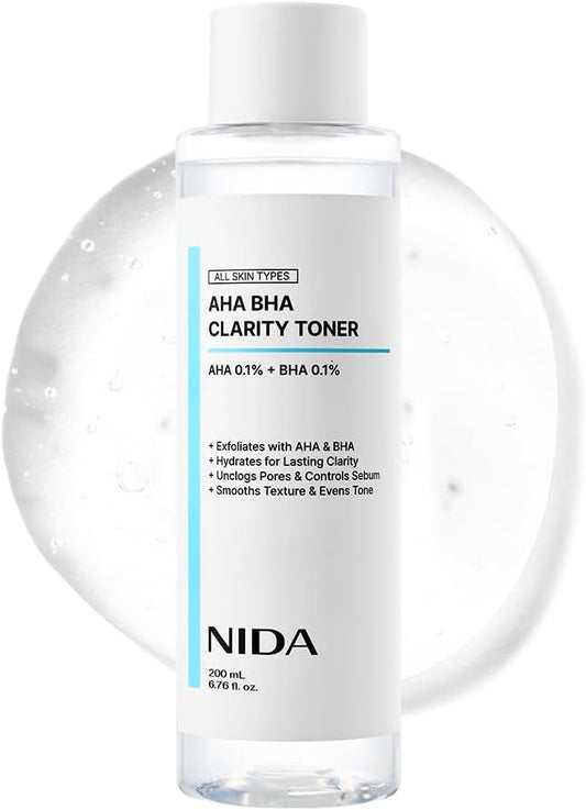 NIDA AHA BHA Clarity Toner | AHA 0.1%, BHA 0.1%, Niacinamide,Centella Asiatica | Exfoliate, Hydrate, Pore Control, Evens Tone | 6.76 fl. oz., 200ml