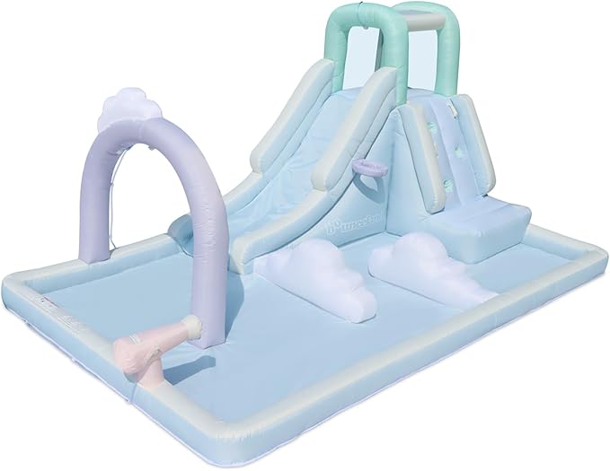 Bounceland Splash N’ Dash Dream Water Slide, 14.4ft L x 9.1ft W x 6.8ft H inflated Size, Outdoor Fun w/Long Slide, Giant Splash Pool, Water Spray, Climbing Wall, Active Play for Kids