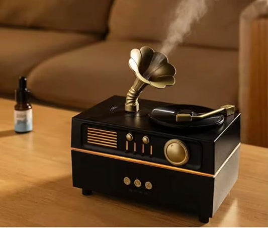 5 in 1 Diffuser Humidifier 200 ml, Bluetooth Speaker, 6 LED Light, Timer, Gramaphone & Vinyl Rotation Retro Design. Electric Powered, Remote Control, Rotation Mist Spray Aromatherapy