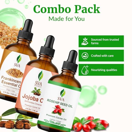 SVA Rosehip, Frankincense Serrata, and Jojoba Oil 4 oz Bundle Super Saver Combo – Value Set for Hair Oiling, Scalp Massage, Hair Care, Skin Care and Body Massage
