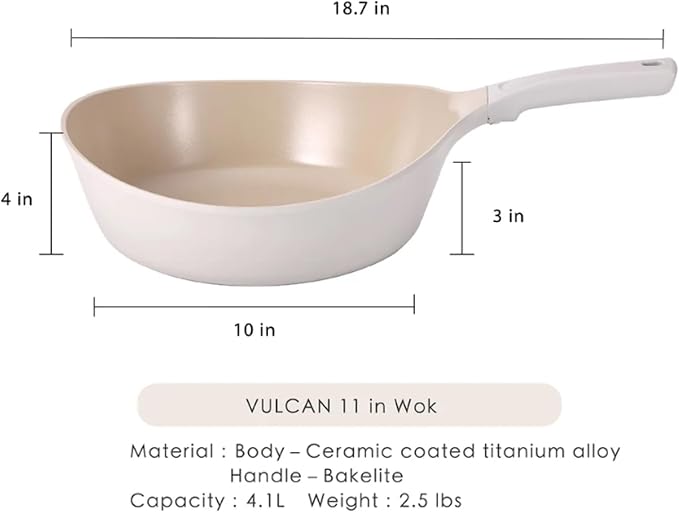 Neoflam Vulcan Ivory 11" Nonstick Frying Wok Pan with Ergonomic Handle, Cast Aluminum, Lightweight Ceramic Coated Skillet, PFAS PFOA Free, Induction Ready, Made in Korea