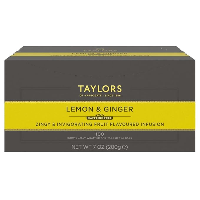 Taylors of Harrogate Lemon & Ginger, Herbal Tea, Individually Wrapped Bags, 100 Count (Pack of 1), Cleansing, Invigorating and Citrussy, Caffeine-Free, Enjoy Hot or Iced, 100 Teabags