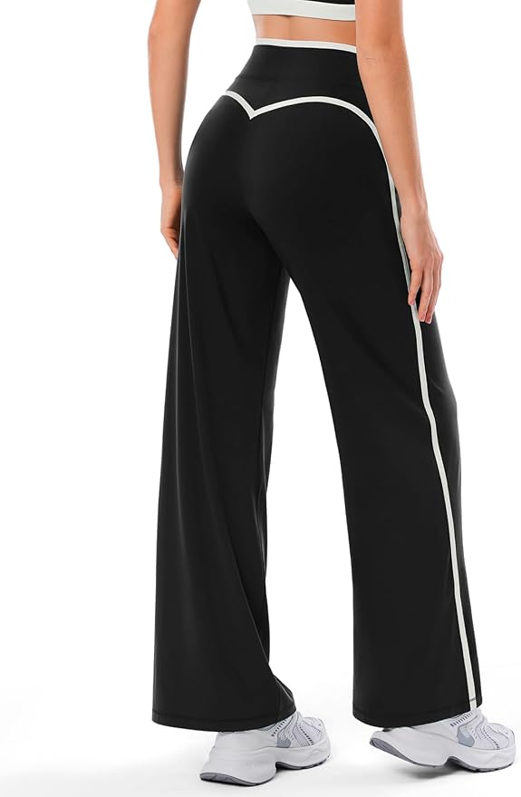 Women's Wide Leg Yoga Pants with Side Stripe, High Waisted Color Block String Lounge Pants, Workout Flowy Track Pants with Pockets