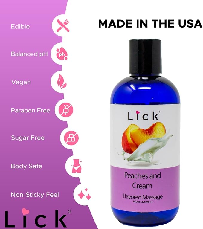 Lick Peaches and Cream Flavored Massage Oil – Sweet Dessert-Inspired Edible Massage Oil with Vitamin E, Smooth Body-Safe Glide for Couples Massage Nights, 8 oz