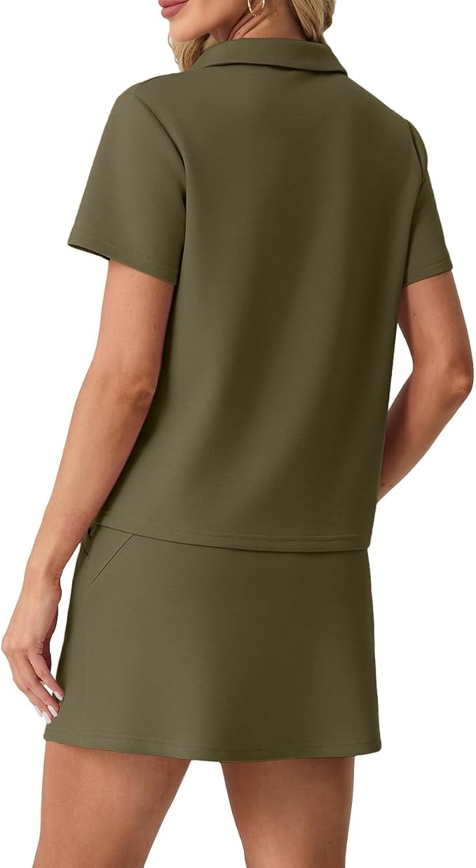GRECERELLE Women's Summer 2 Piece Skort Set Half Zip Short Sleeve Top & Pocketed Tennis Skirt For Sports & Vacations.