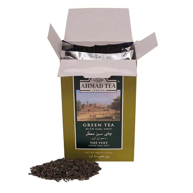 Ahmad Tea Green Tea, Green Tea with Earl Grey Loose Leaf, 500g - Caffeinated and Sugar-Free (Pack of 2)