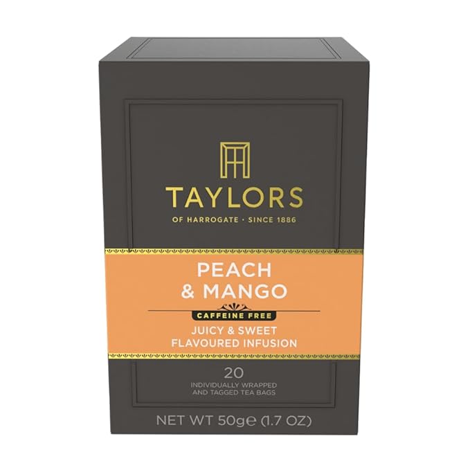 Taylors of Harrogate Peach & Mango, Herbal Tea, Individually Wrapped Teabags, 20 Count (Pack of 1), Juicy, Smooth, and Subtly Sweet, Caffeine-Free, Enjoy Hot or Iced, 20 Teabags