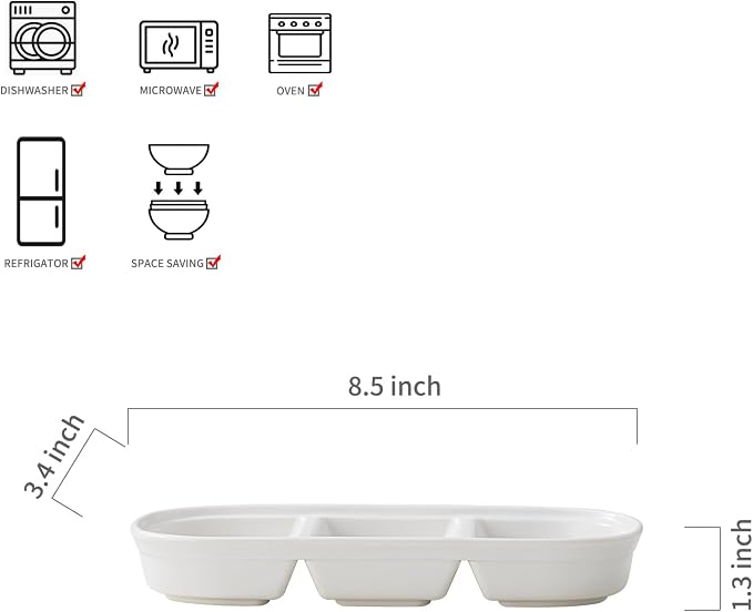 2PCS Ceramic Dishes, Ceramic Dish Stainless Steel Soy Tomato Sauce Salt Vinegar Sugar Spices Flavor Condiment Dip Bowls Korean BBQ Home Kitchen Plates, 3 Compartment Sauce Dish (3 Grids White)