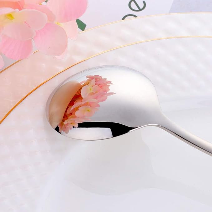 Korean Spoon,Stainless Steel Table Spoons,8.15 inch Long Handle Dinner Rice Soup Spoon Set for Home Kitchen Restaurant - 4 PCS