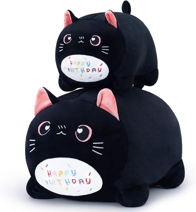 Birthday Cat Plush Pillow Stuffed Animal Toy, Black Birthday Cat Plush Stuffed Animals, Soft Cat Plush Pillow for Kids(Black Cat, 25cm/9.8inch)