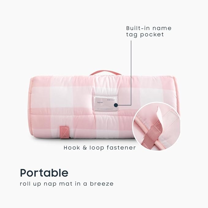 Wake In Cloud - Toddler Nap Mat with Pillow and Blanket, for Kids Boys Girls Ages 3 Plus in Kindergarten Daycare Preschool, Roll Up Sleeping Bag, Gingham Plaid Grid
