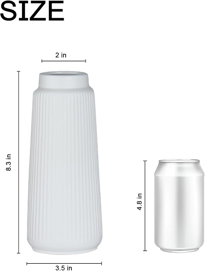 White Ceramic Vase, 8 Inch Conical Flower Vase for Pampas Grass, Modern Minimalist Ribbed Decorative Vase for Living Room Table, Shelf Decor