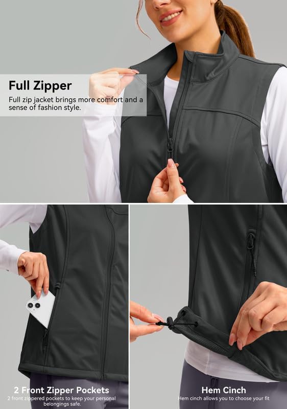 Soothfeel Women's Vest with Zipper Pocekts Lightweight Softshell Sleeveless Jacket Hiking Travel Golf Running Vest for Women