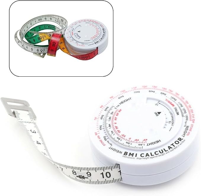 Body Mass Index Tape Measure, Retractable BMI Calculator for Diet and Fitness, 150cm Locking Measurement Tool for Waist, Hip, Thigh, Calf, Easy Read Scale, Plastic Case for Gym Use
