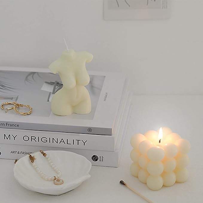2-Pack Handmade Soy Wax Aromatherapy Candle - White Cube & Female Body Shaped, Scented Decorative Candle for Bedroom, Bathroom & Wedding