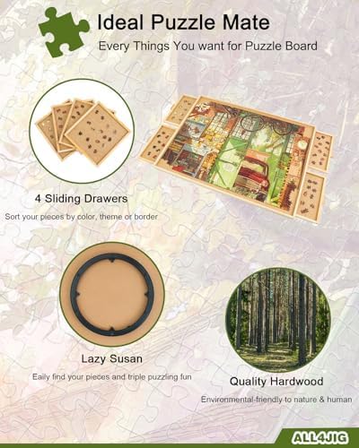 ALL4JIG 2000 Piece Rotating Puzzle Board with 4 Drawers and Cover, 28.5"x40.1"Portable Wooden Jigsaw Puzzle Table for Adults Portable, Lazy Susan Spinning Boards Birthday Gift for mom