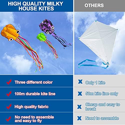 3 Pack Octopus Kite - 3D Beach Kites for People & Kids (Blue, Green, Red) - Easy to Fly, Kite Kit with 100M String