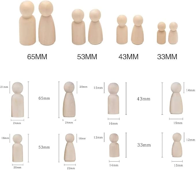 60pcs Peg Dolls Decorative Wooden Peg Doll Assorted Sizes Unfinishied Peg People Doll Bodies Wooden Figures for Painting Craft Art Projects Peg Game
