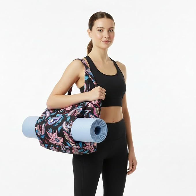 Floral Paisley Pattern Yoga Bag, Canvas Tote with Blue and Pink Design, Spacious Carrier for Yoga Mat and Accessories