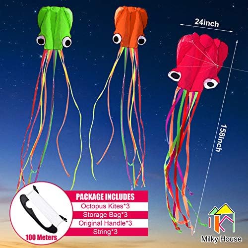 3 Pack Octopus Kite - 3D Beach Kites for People & Kids (Blue, Green, Red) - Easy to Fly, Kite Kit with 100M String