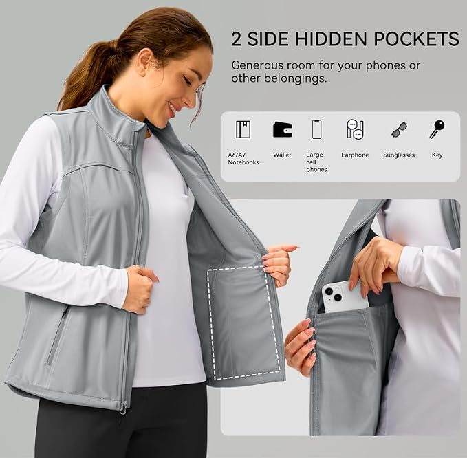Soothfeel Women's Vest with Zipper Pocekts Lightweight Softshell Sleeveless Jacket Hiking Travel Golf Running Vest for Women