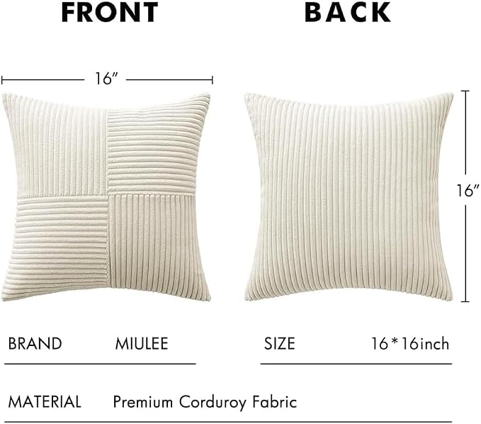 MIULEE Cream White Decorative Throw Pillow Covers for Couch 16x16 Inch | 2 Pack, Beige Neutral Boho Farmhouse Pillow Covers, Soft Cross Corduroy Patchwork Textured Cushion Cases For Bed Sofa
