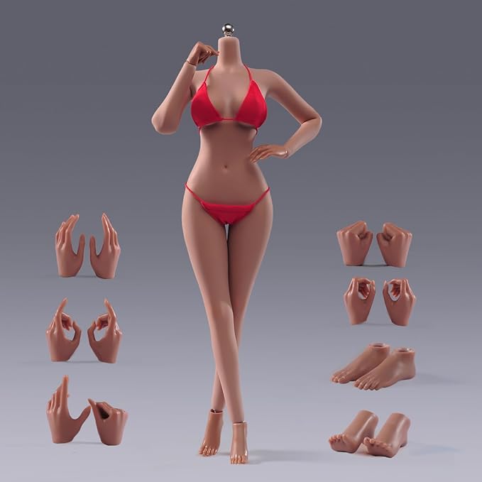 1/6 Scale Female Action Figure Body, 12 inches Seamless Flexible Action Figure Body Model with Detachable 5 Pairs Hand Gesture Shapes (Wheat Skin)