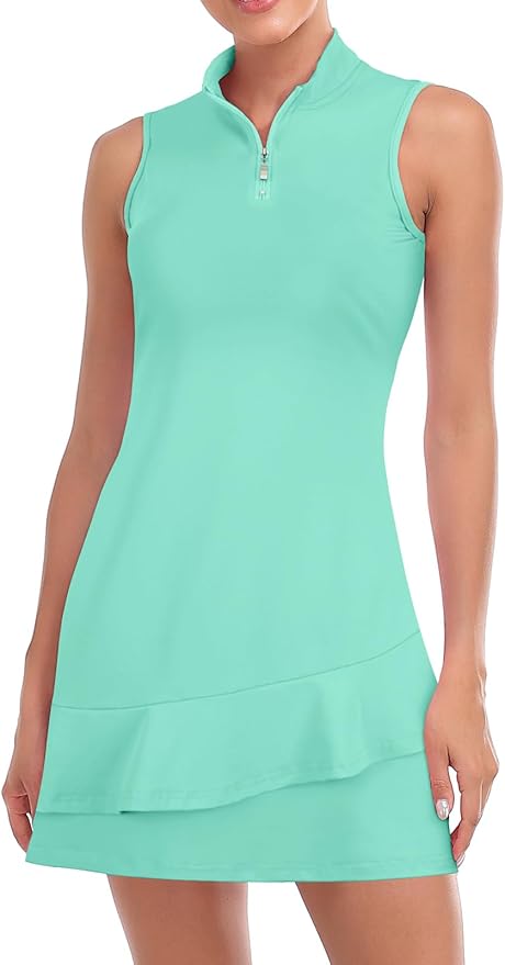 Viracy Tennis Dress for Women Sleeveless Golf Dresses with Shorts and Pockets Ruffle Zip Up Stand Collar Golf Outfits