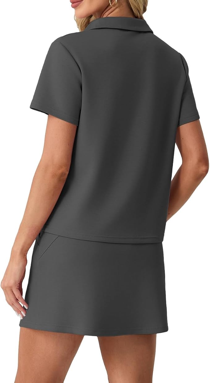 GRECERELLE Women's Summer 2 Piece Skort Set Half Zip Short Sleeve Top & Pocketed Tennis Skirt For Sports & Vacations.